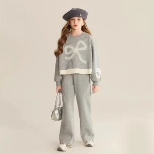 Top e pantaloni Set da 2 pezzi Felpa con fiocco Abbigliamento per bambini coreani 2025 Abiti autunno inverno Vestiti per ragazze da 7 a 8 anni 1