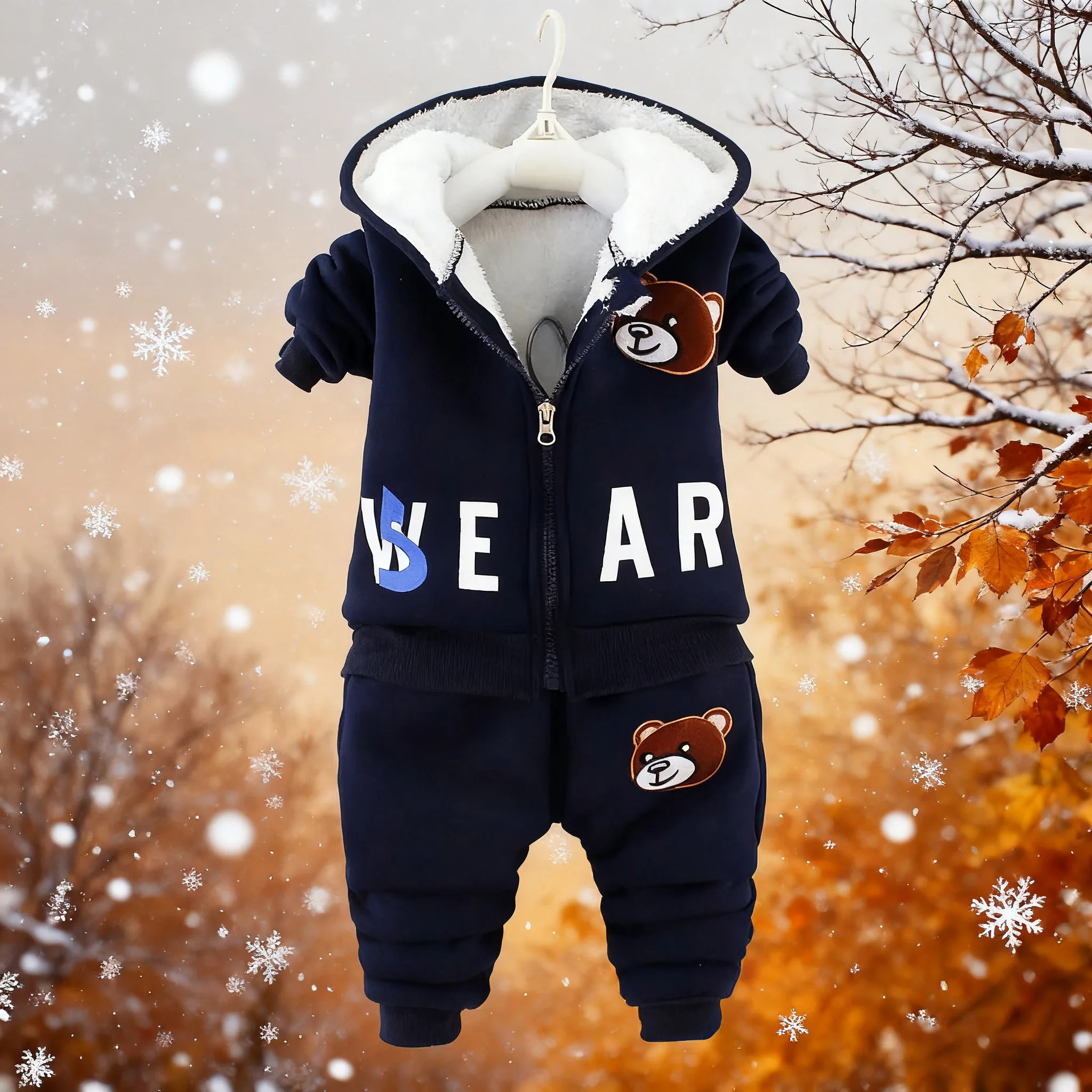0-5Y Autunno Inverno orso cartone animato Set di vestiti di cotone spesso Ragazzo ragazza Cartoni animati Cappotto con cappuccio + Pantaloni 2 pezzi Tuta per bambini 1