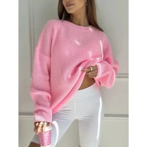 Novità nel prodotto maglione da donna primavera autunno girocollo ampio tinta unita top a maniche lunghe pullover da donna lavorati a maglia vento pigro 1