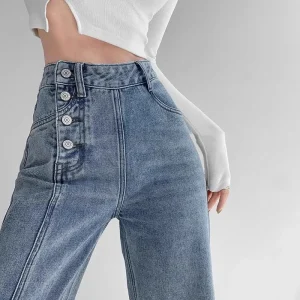 Jeans a vita alta Pantaloni larghi da donna a gamba dritta Pantaloni in denim a gamba larga drappeggiati 1