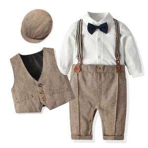 Abiti per neonati Vestiti per neonato Pagliaccetto + Gilet + Cappello Abbigliamento formale Vestito per feste Papillon Abito per compleanno per bambini Neonato 0-3 anni 1