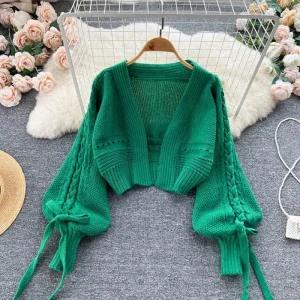 Verde Casual Acrilico Maglia Con Scollo A V Lanterna Manica Lunga Con Lacci Cardigan da Donna Maglione Cardigan Corto Per Le Donne Abbigliamento 2024 1