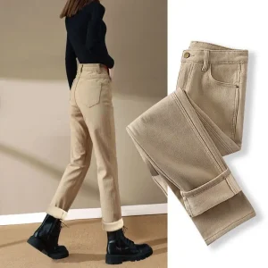Primavera inverno New Plus velluto donna Jeans bottone vita alta pantaloni solidi tasche addensare moda Casual pantaloni dritti 2022 1