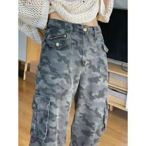 Pantaloni casual in denim da donna dalla vestibilità rilassata Pantaloni a gamba larga a vita alta Tuta mimetica americana Pantaloni da donna autunno inverno 1