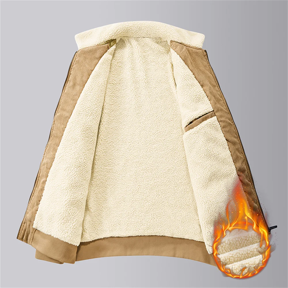 Giacca da lavoro casual in velluto a coste con risvolto di mezza età da uomo Giacche militari foderate in pile invernale per uomo Cappotto da lavoro antivento ispessito 4