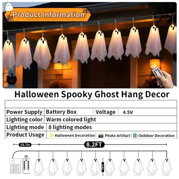 Luci fantasma di Halloween, ghirlanda di corde impermeabili a 8 modalità, decorazioni per interni ed esterni per feste, casa stregata, caminetto, portico 5