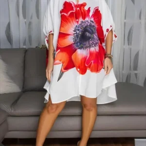 Missuoo Abito camicia oversize con stampa floreale da donna 2025 Autunno Nuovo abbottonato mezze maniche al ginocchio Abiti casual 1