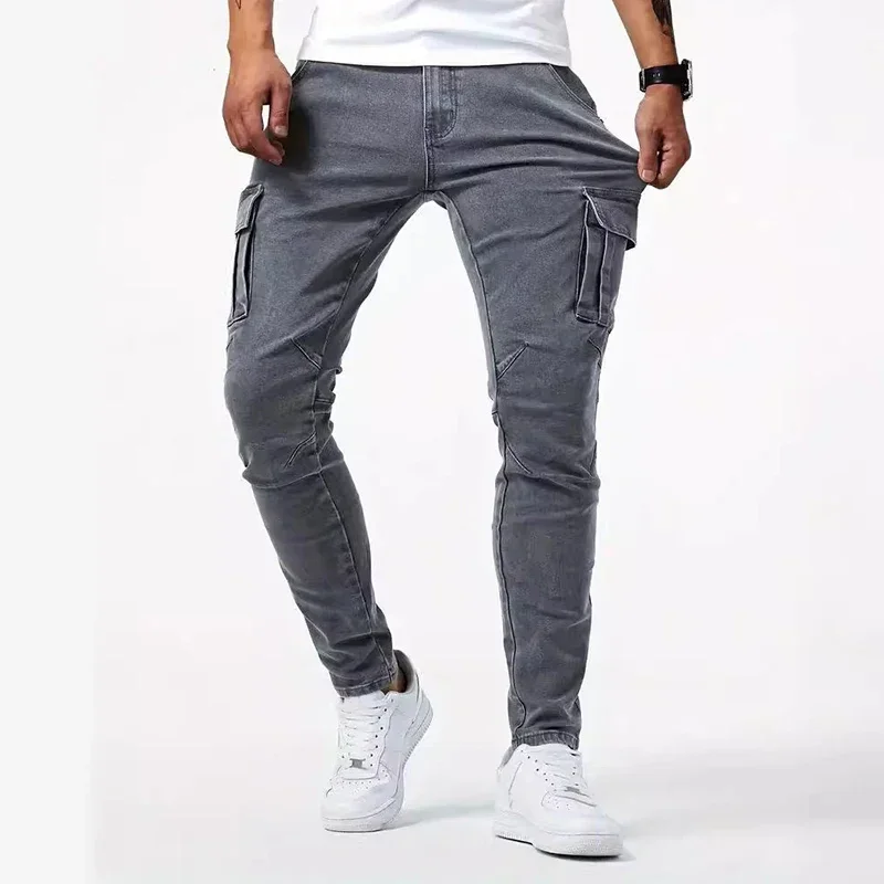 Jeans casual da uomo a matita Pantaloni multitasche elastici da uomo piccoli e sottili da strada Jeans cargo a vita media in tinta unita lavati 2