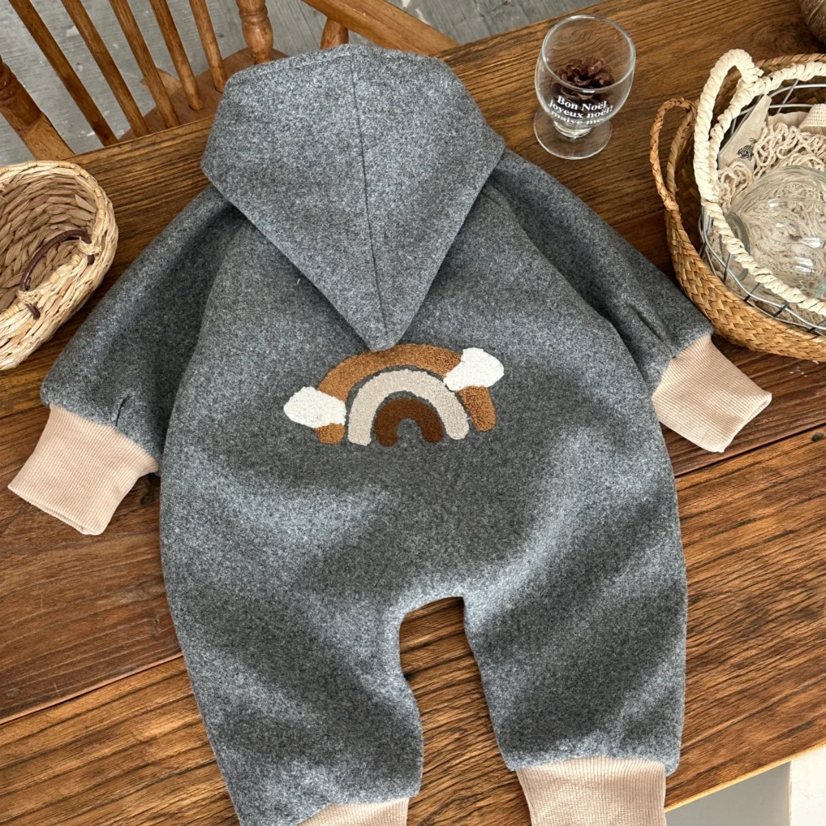 Tuta da bambina per neonato Tuta da gattonare in lana stampata arcobaleno Abbigliamento invernale con cappuccio carino 6