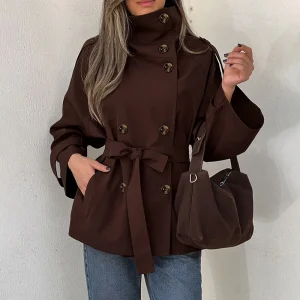 Ticketsx Trench vintage a collo alto con doppio petto Giacca slim patchwork con lacci Donna Autunno Inverno Ufficio Streetwear Trench 1