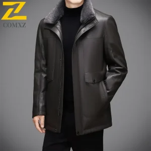 Giacca invernale in pelle da uomo 2025 Nuovo cappotto caldo con cappuccio interno staccabile Moda foderato in pile addensato giacche in pelle a prova di freddo 1