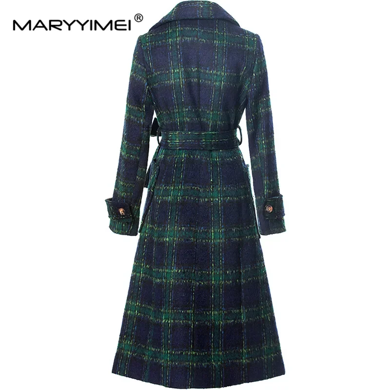 MARYYIMEI Cappotto scozzese elegante streetwear da donna Colletto rovesciato Tasca a maniche lunghe Cappotto doppiopetto autunno e inverno 2