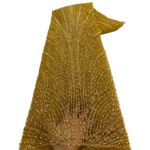 Abito da sposa da donna in tessuto di pizzo con perline fatto a mano in oro africano di alta qualità 2025 cucito con paillettes ricamo tessuto di pizzo nigreiano 1