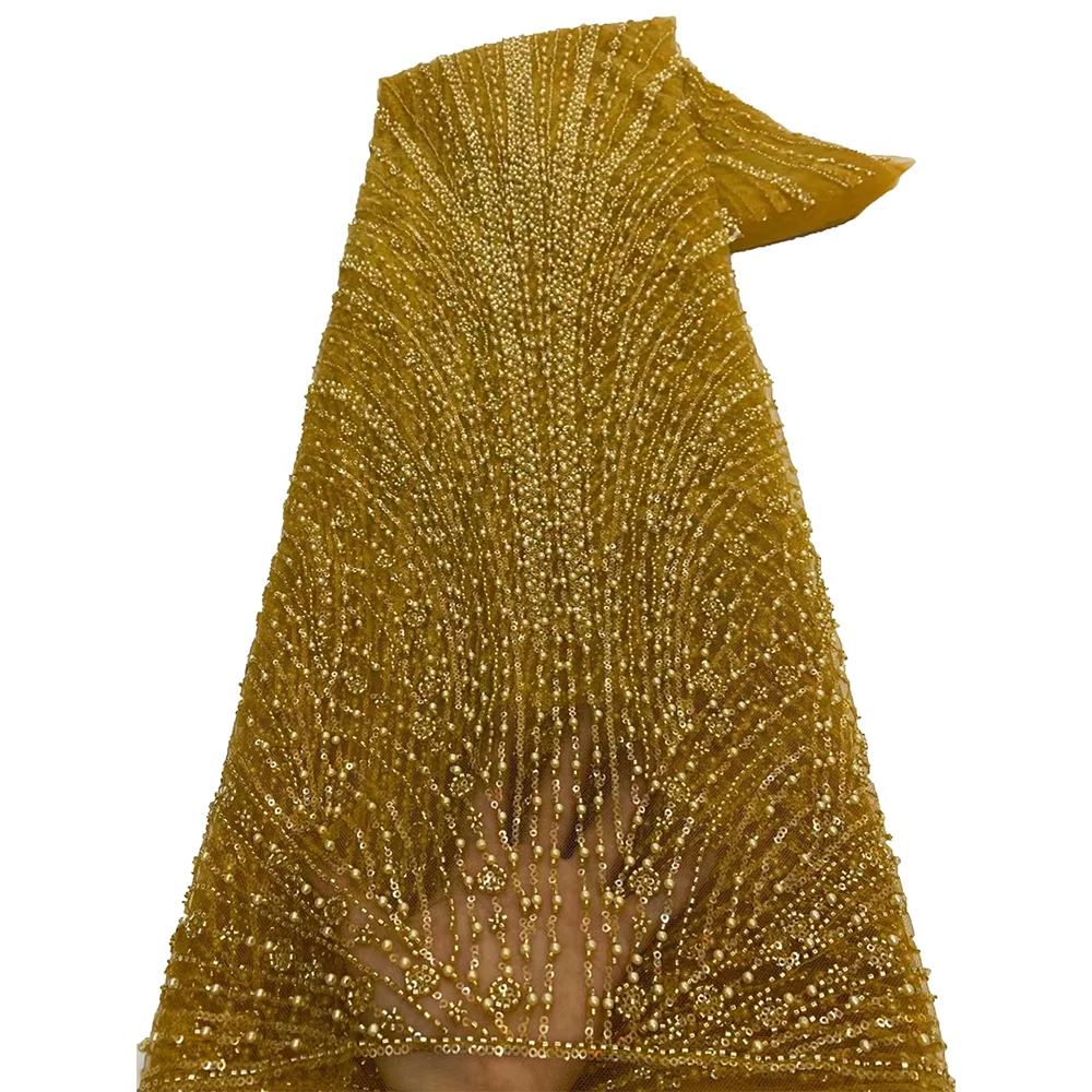 Abito da sposa da donna in tessuto di pizzo con perline fatto a mano in oro africano di alta qualità 2025 cucito con paillettes ricamo tessuto di pizzo nigreiano 1