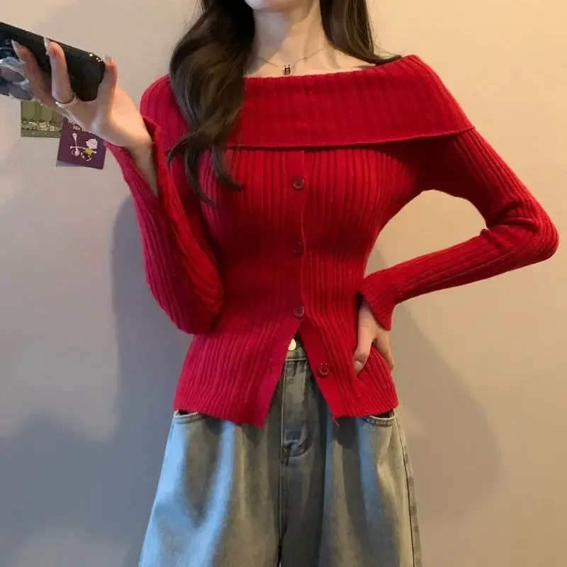 Maglione lavorato a maglia con spacco sulle spalle sexy Camicia base slim fit a maniche lunghe Maglieria autunno inverno Top casual alla moda da donna 1