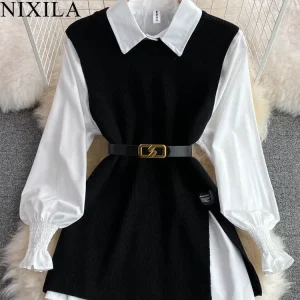 Set da donna chic in 2 pezzi che riduce l'età, camicia bianca a maniche lunghe, maglione, vestibilità ampia, gilet in maglia, pullover, moda primavera autunno 1