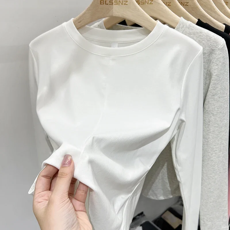 Donna Autumnr Inverno Casual Splice Top T-shirt Donna Slim Versatile Cotone Tees 2025 Basic Solid Manica lunga O Collo T Shirt 2