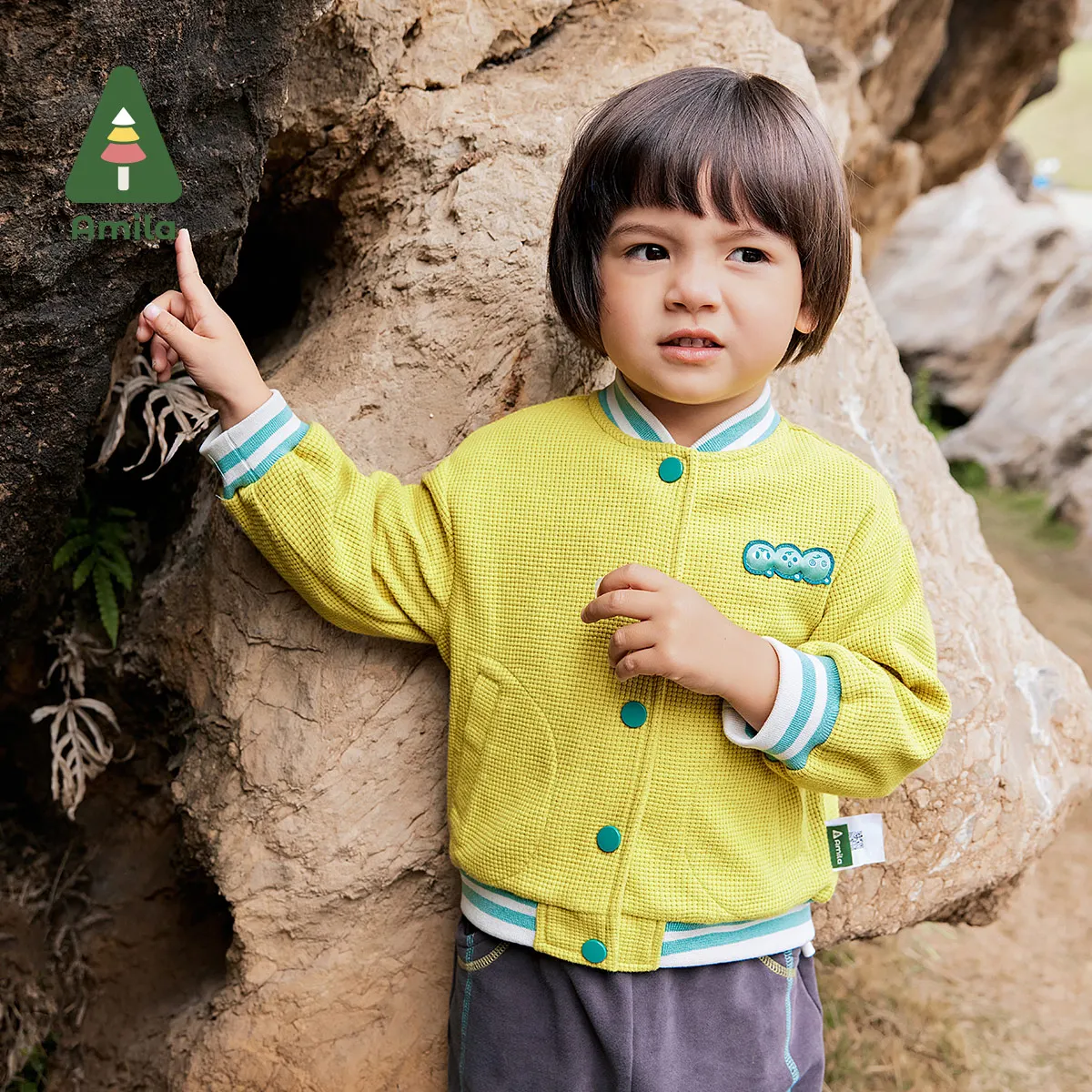 Amila Giacca da baseball per bambini 2024 Autunno Nuovi ragazzi Super Soft Waffle Texture Colore a contrasto Caldo logo ricamato Giacca per bambini 6