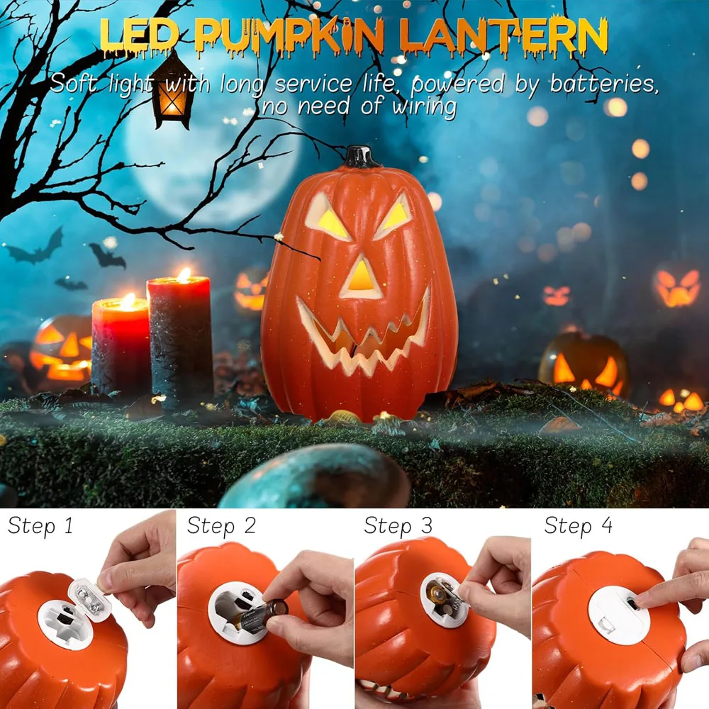 Set di lanterne di zucca di Halloween Lampada di zucca illuminata Luce a LED Arancione Decorazione di Halloween per la porta d'ingresso del portico Forniture per feste 4
