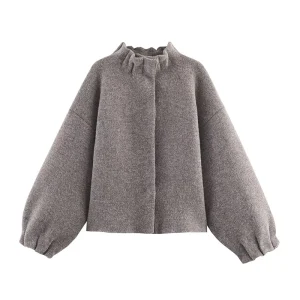 YENKYE Giacca bomber in maglia grigia per donna Cappotto autunno inverno casual con maniche a lanterna e colletto alla coreana 1