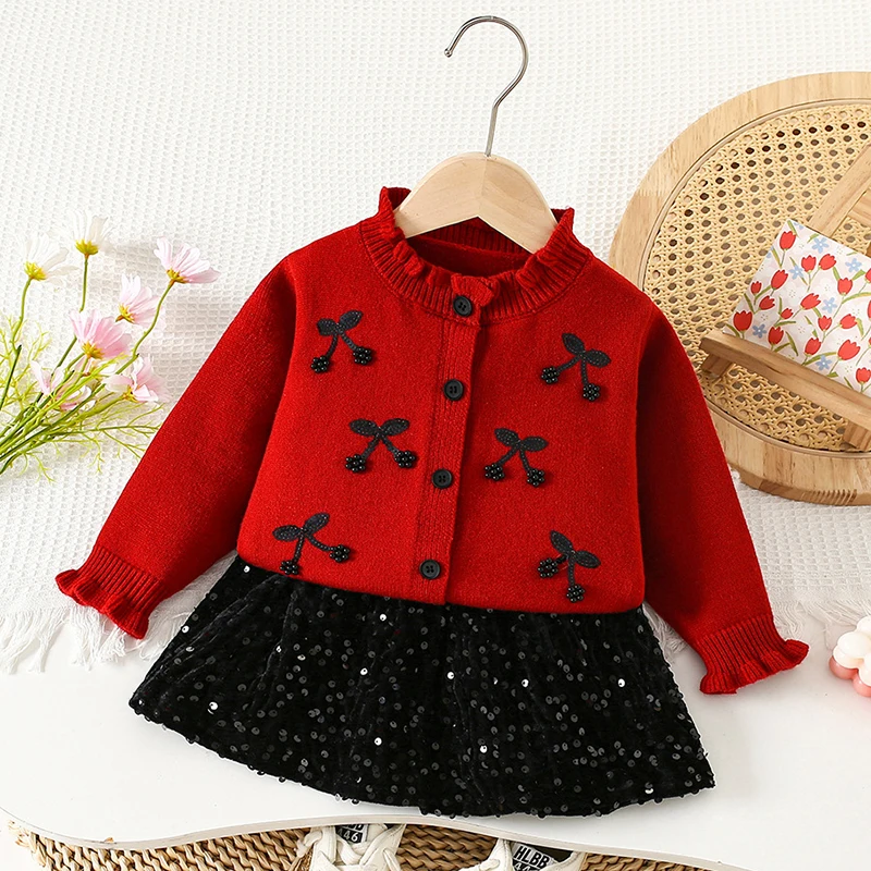 2025 Nuovo Autunno Inverno 2-6Yrs Neonate Abbigliamento Set Cardigan lavorato a maglia a maniche lunghe + Gonna corta Bambini Abbigliamento lavorato a maglia vestito 4