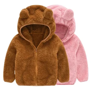 Capispalla in pile per bambini cappotto caldo in flanella per bambini autunno inverno giacche per ragazzi e ragazze giacca Casual con cappuccio per bambini con orecchie da orso carino 1