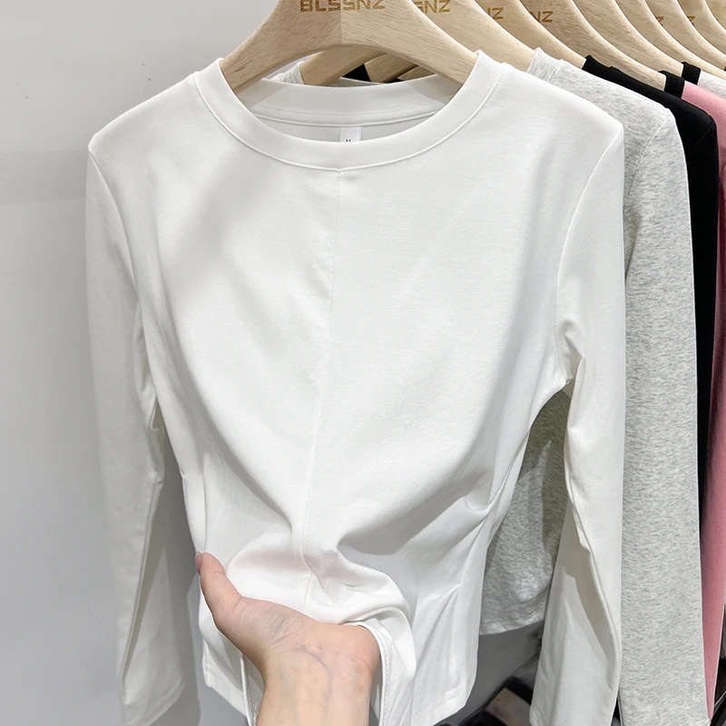 Donna Autumnr Inverno Casual Splice Top T-shirt Donna Slim Versatile Cotone Tees 2025 Basic Solid Manica lunga O Collo T Shirt 4