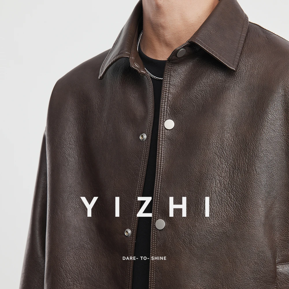 Giacca in pelle con risvolto in PU da uomo di moda 2025 Autunno New American Retro Allentato Abbigliamento da moto per esterni Top Giacca da uomo 6