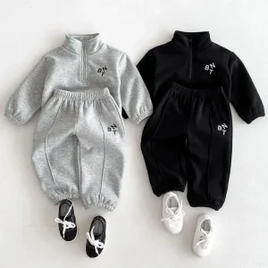 Inverno Baby Boy 2 pezzi Set di vestiti in velluto solido in pile per bambini Mezza cerniera Set gonna in pelliccia + pantaloni da jogging Ragazze Tuta sportiva 1