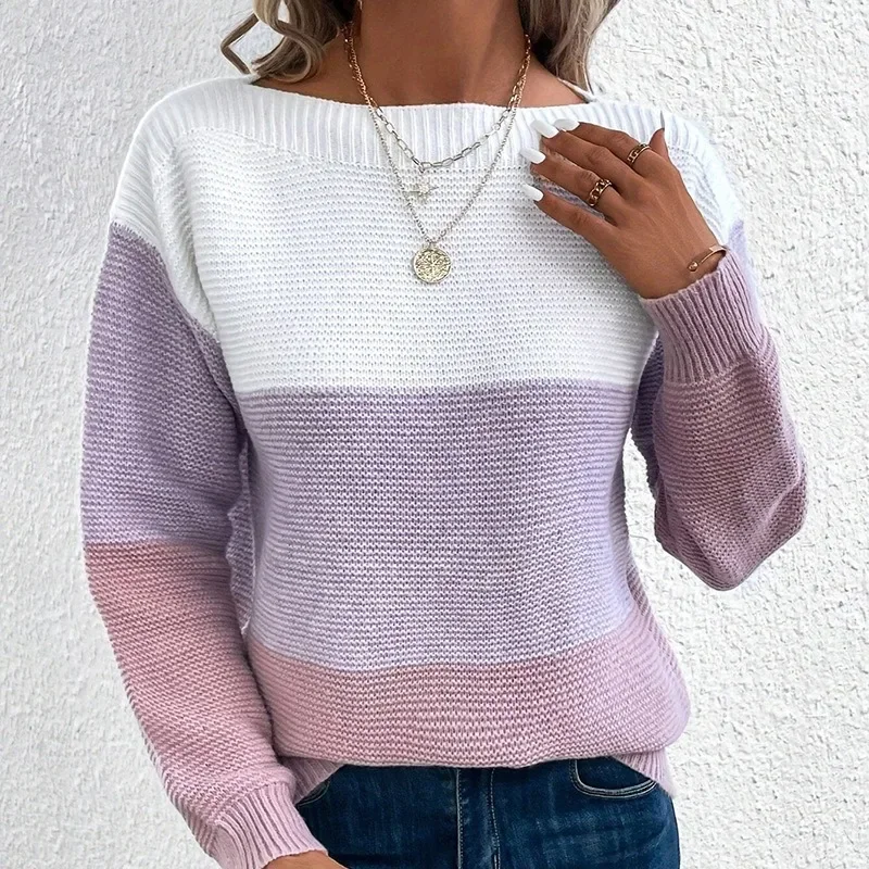 Maglioni girocollo a maniche lunghe in colore a contrasto da donna Cuciture femminili 2024 Maglioni autunnali Lady Casual Pullover caldo e confortevole 4