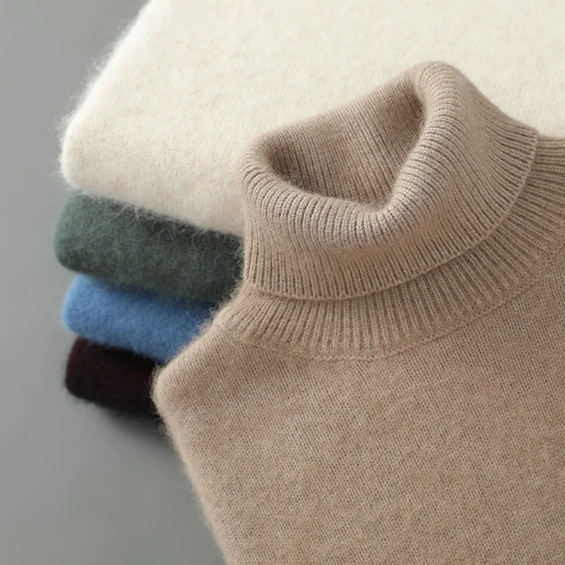 Maglione da uomo in maglia spessa 100% visone e cashmere, pullover caldo con colletto rovesciato, dolcevita invernale casual a maniche lunghe da uomo 5