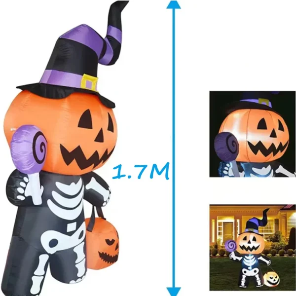 Scheletro di zucca gonfiabile di Halloween da 1,7 m Piccolo fantasma con luci a LED Decorazione del cortile esterno Giardino domestico Festival Horror Prop 6