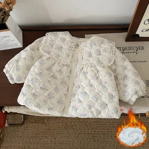 Cappotto caldo per ragazze Giacche con stampa floreale Cappotto in cotone con colletto alla marinara grande per bambini Capispalla imbottito invernale per bambini in velluto felpato 1