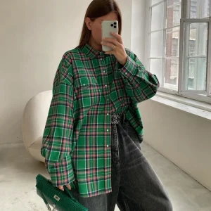 Camicia scozzese Vintage verde donna Top Oversize maniche lunghe autunno inverno camicia e camicette da donna larghe Oversize 1