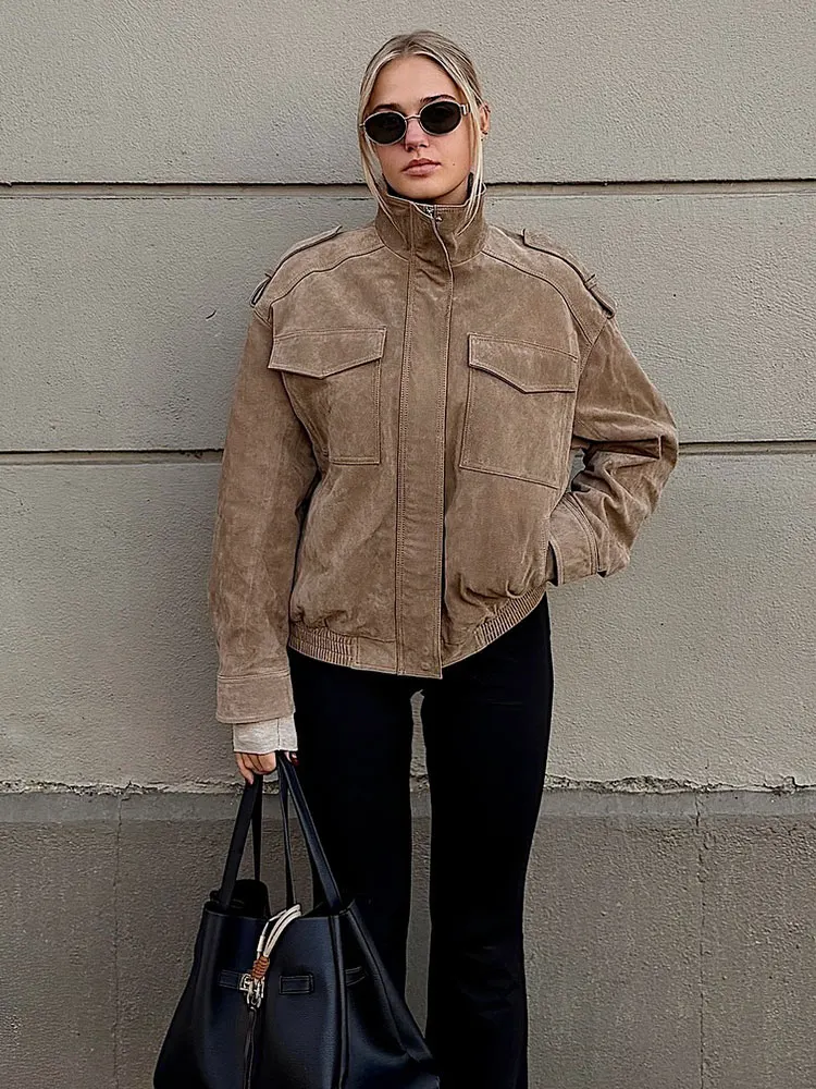 HH Giacca autunnale da donna Cappotto con cerniera a maniche lunghe Cappotto bomber Cappotti larghi con tasca Donna 2025 Capispalla da donna alla moda 5