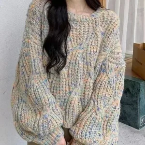 Maglione colorato in filato spesso girocollo corto con maniche a lanterna larghe per maglieria pullover da donna alla moda autunno inverno 1