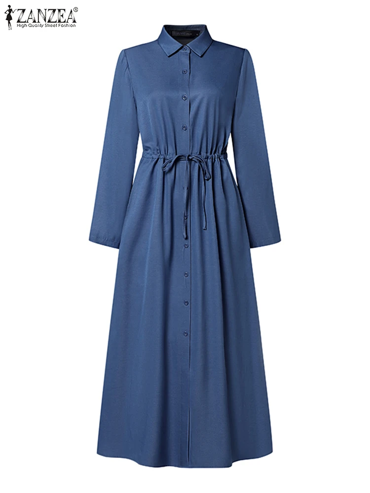 ZANZEA Donna Elegante Manica Lunga Lavoro Vestito Estivo 2025 Primavera Denim Blu Abito Casual Risvolto Collo Vacanza Abiti Maxi Robe Caftano 4