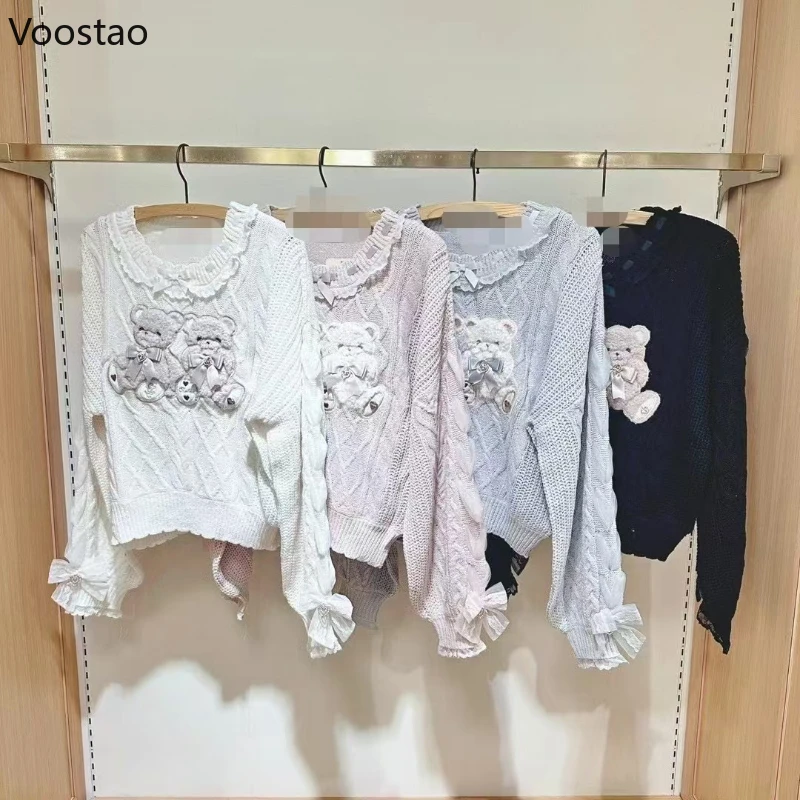 Pullover lavorato a maglia stile Sweet Lolita vintage per ragazze simpatico orso di peluche cartone animato ricamo fiocco maglione donna maglieria Harajuku top 6