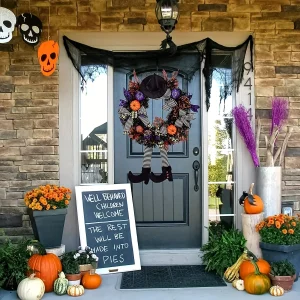 Ghirlande di Halloween-Ghirlande di Halloween per porta d'ingressoGhirlanda di Halloween da 24 pollici con cappello Streghe Legsl Zucca 1