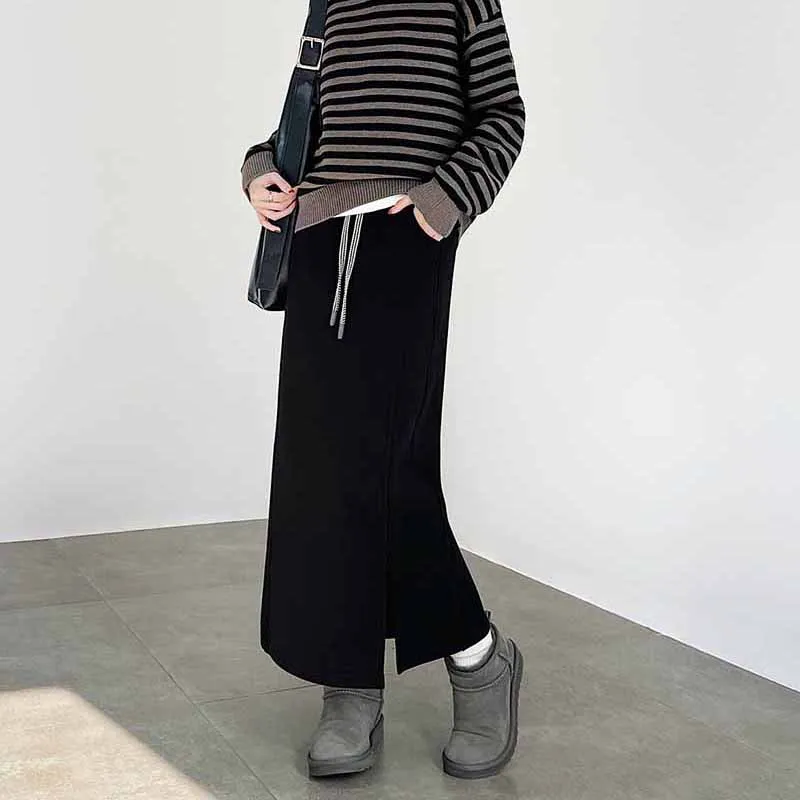 Gonne longuette divise grigie da donna Elasticità in vita Gonne lunghe larghe casual Donna Autunno Inverno Addensare più gonna dritta in velluto 5