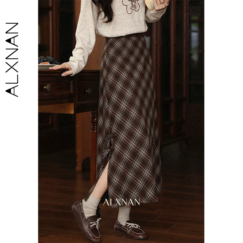 ALXNAN Gonna scozzese marrone Donna Vintage Elegante Chic con bottoni Gonne lunghe con spacco 2025 Autunno Nuovo Office Lady Abbigliamento femminile L57033 1