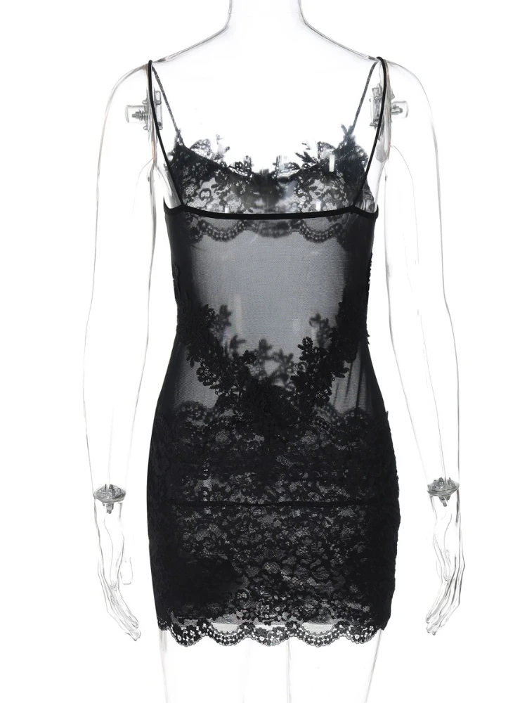 Abbigliamento donna Abito da club party patchwork in pizzo a rete con cinturino per spaghetti Abiti da sera corti senza maniche trasparenti sexy femminili 6