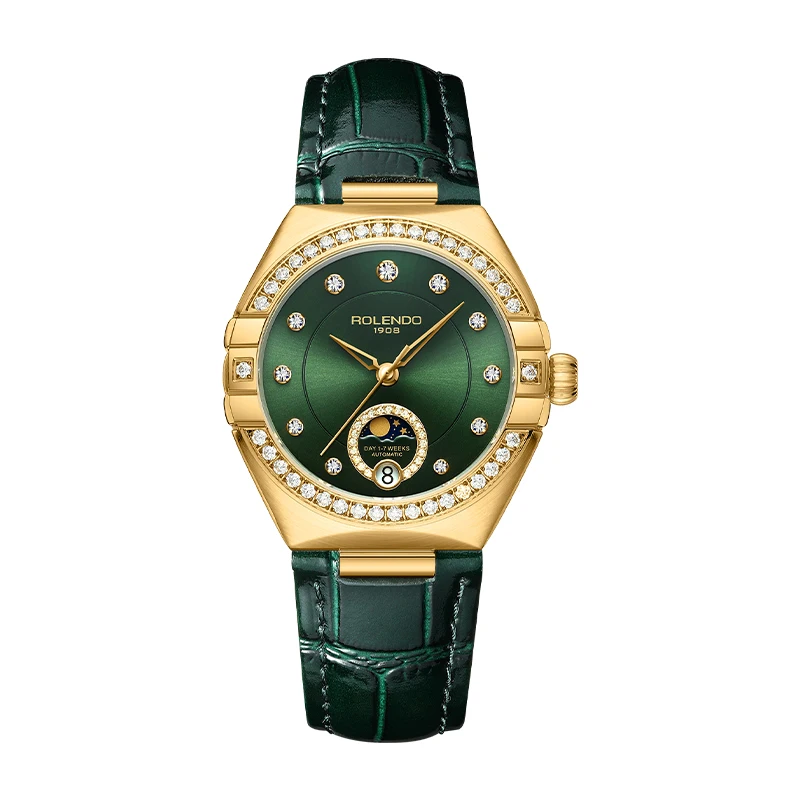 ROLENDO Orologio da donna automatico stile costellazione Cinturino segreto smeraldo Quadrante verde Giorno-Data Cristallo di zaffiro Impermeabile Elegante 5