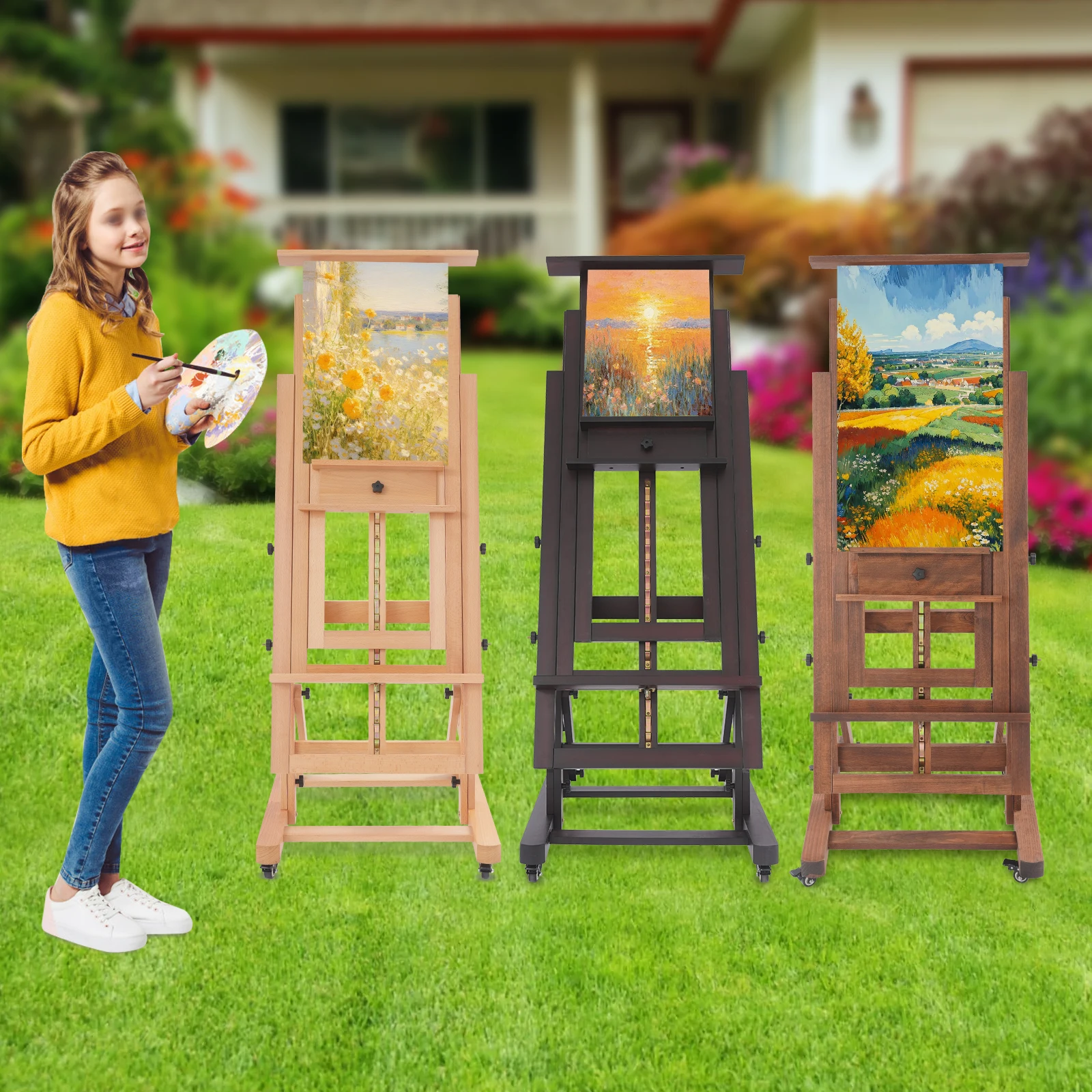 Cavalletto per artisti professionisti orizzontale verticale a doppio uso 60x65x140-300CM Angolo di altezza regolabile in legno massello per aula d'arte 2