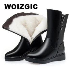 WOIZGIC Stivali da donna femminili Stivali da donna a metà polpaccio Pelliccia invernale Lana Peluche Cerniera calda Scarpe in vera pelle Stivali Plus Size 42 43 Neve 1