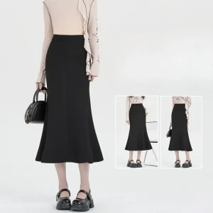Gonne a coda di pesce avvolgenti da donna nere vintage a vita alta autunno 2025 Nuovo solido elegante tubino da ufficio A-line gonne a sirena femminile 1