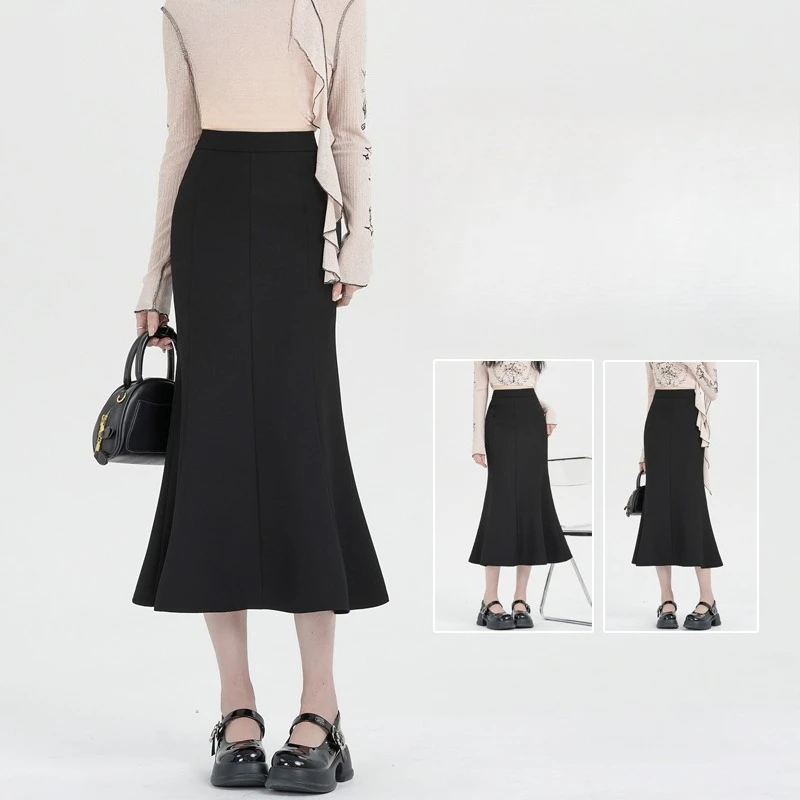Gonne a coda di pesce avvolgenti da donna nere vintage a vita alta autunno 2025 Nuovo solido elegante tubino da ufficio A-line gonne a sirena femminile 1