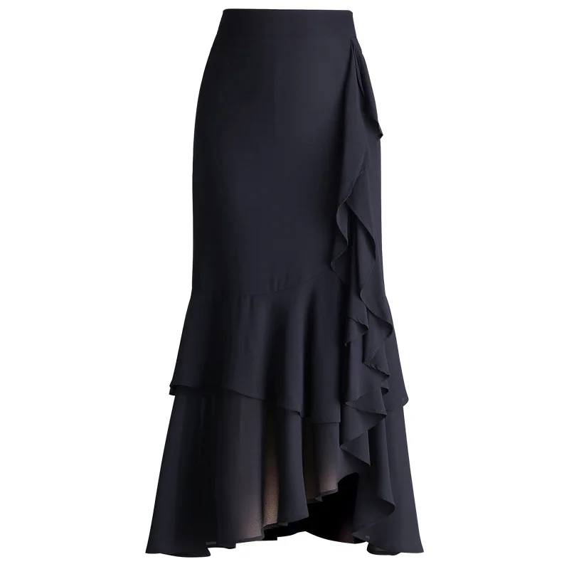 Gonna a coda di pesce a trapezio di media lunghezza in chiffon con orlo asimmetrico Donna Estate 2025 Nuova vita alta Elegante stile pendolare Poliestere F.. 5