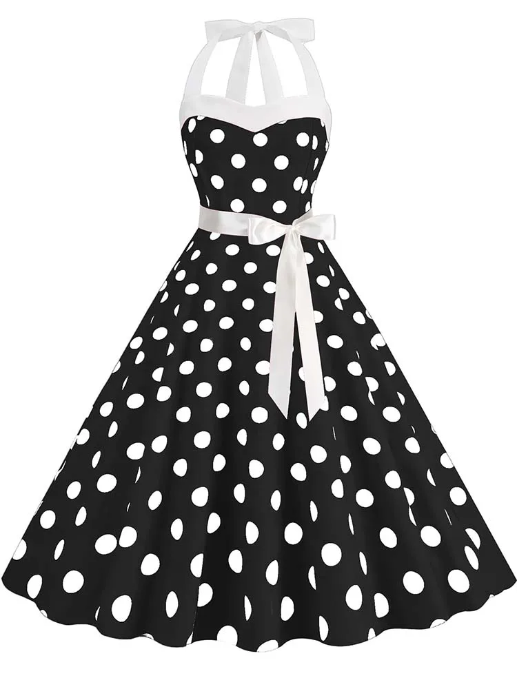 Abito da festa estivo da donna con cintura con stampa a pois Halter Hepburn Robe Abiti vintage anni '50 e '60 3