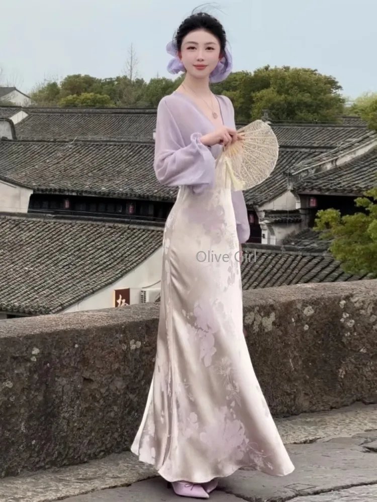 Abito estivo da ragazza oliva Abito in stile cinese in raso jacquard per donna Primavera 2025 Abito lungo elegante con due stampe finte della dea 4